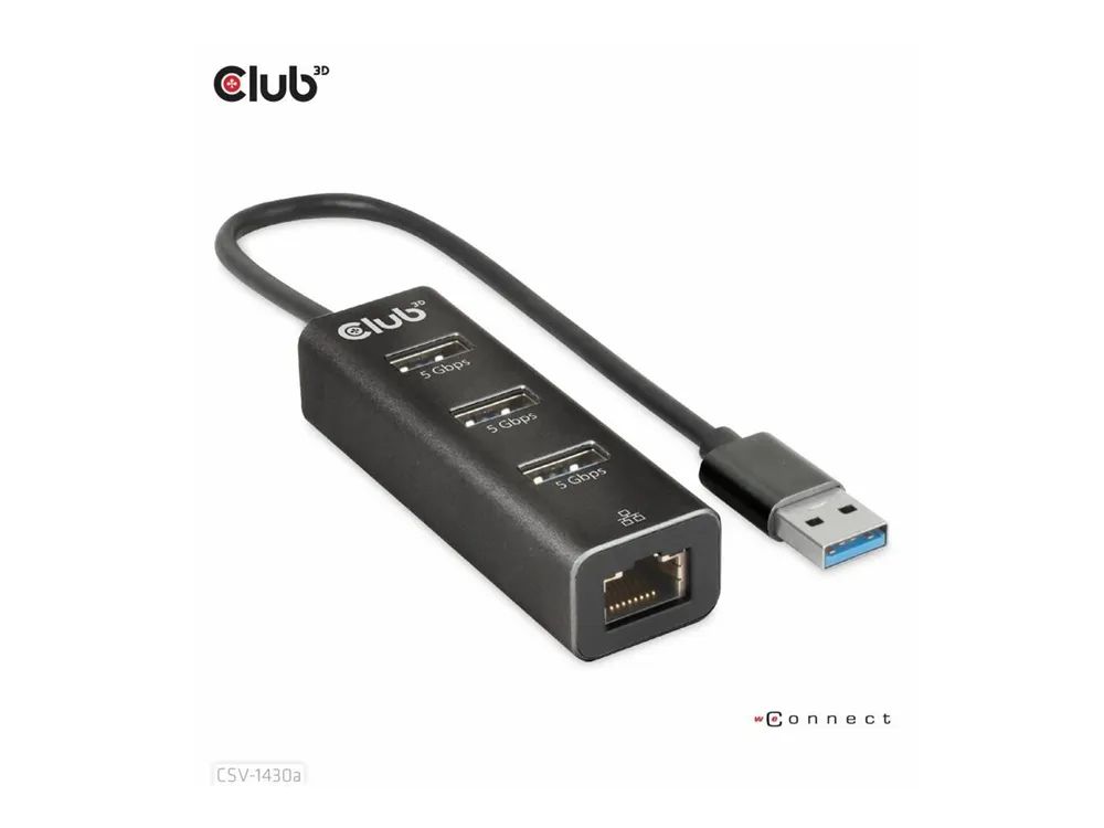 Club 3D CSV-1430A - Hub - 3 x USB 3.2 Gen1 + 1 x 10/100/1000