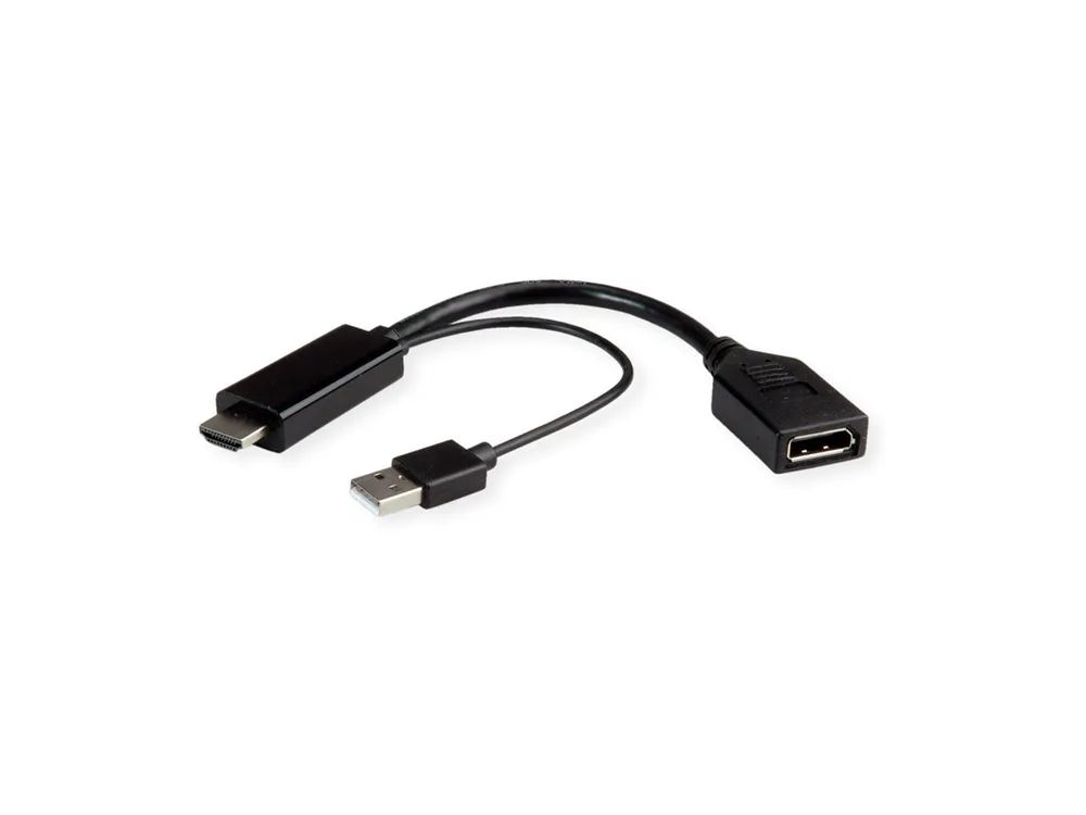 ROLINE Adapterkabel - HDMI, USB (nur Strom) männlich zu DisplayPort weiblich - 15 cm - Schwarz - aktiv, unterstützt 4K 60 Hz (3840 x 2160)