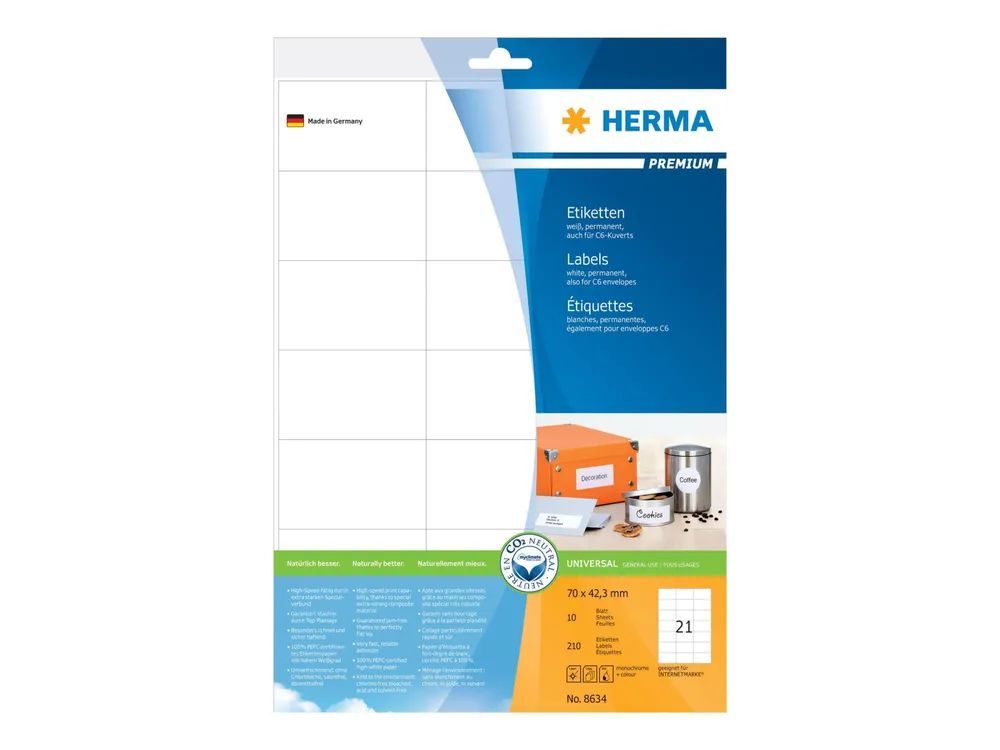 HERMA Premium - Papier - matt - permanent selbstklebend - weiß - 70 x 42.3 mm 210 Etikett(en) (10 Bogen x 21)