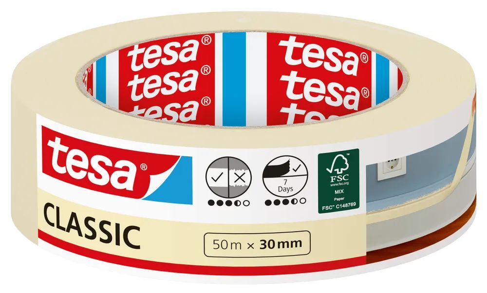 tesa® Malerband Classic – 50 m x 30 mm – zuverlässiges Abdeckband für Innenarbeiten