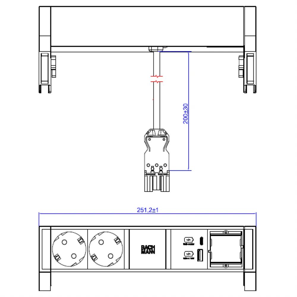 BACHMANN DESK2 ALU WHITE 2xCEE7/3 1xCM 1xUSB A/C 22W 0,2m GST18