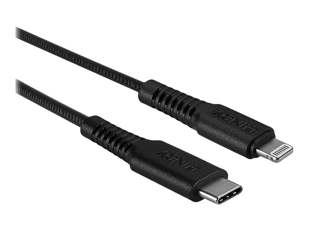 Lindy Lightning-Kabel - 24 pin USB-C männlich zu Lightning männlich - 3 m - abgeschirmt - Schwarz - rund, unterstützt Power Delivery 2,0 - für Apple iPad/iPhone/iPod (Lightning)