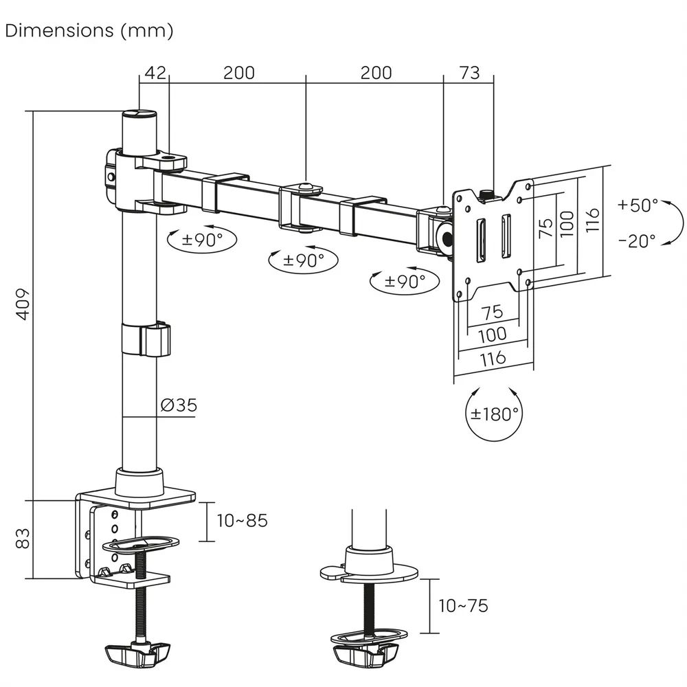 VALUE Schwerlast-LCD-Arm, Trägerstange, 4 Gelenke, Tischmontage, bis 20 kg