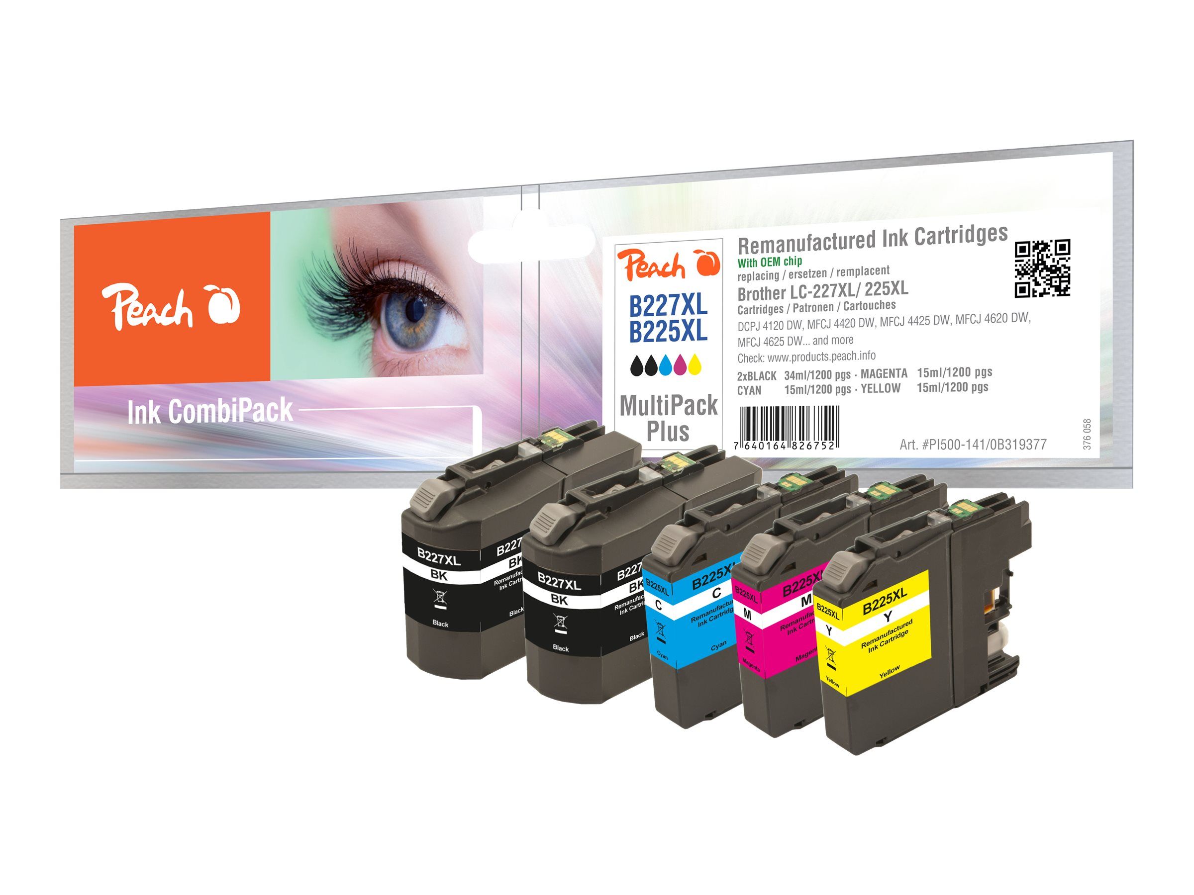 Peach Multi Pack Plus - 5er-Pack - Schwarz, Gelb, Cyan, Magenta - kompatibel - Tintenpatrone (Alternative zu: Brother LC-225XLC, Brother LC-225XLM, Brother LC-227XLBK, Brother LC-225XLY)