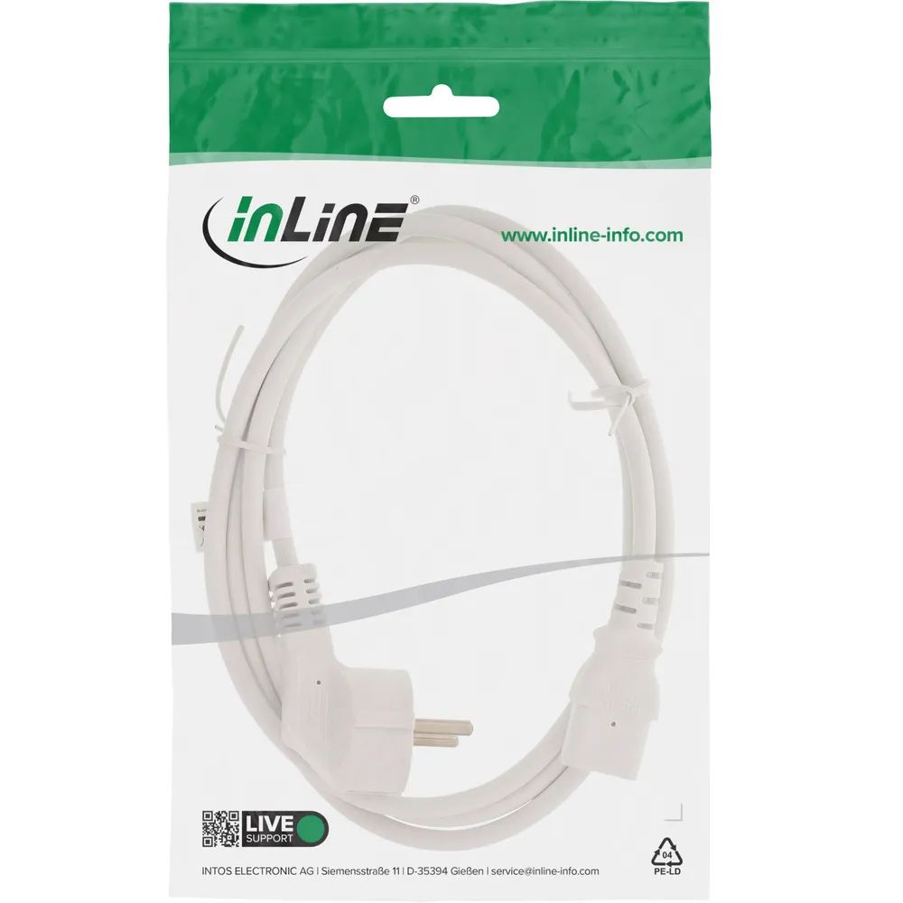 InLine Netzkabel - Schutzkontakt gewinkelt auf Kaltgerätestecker C13 - weiß - 5m