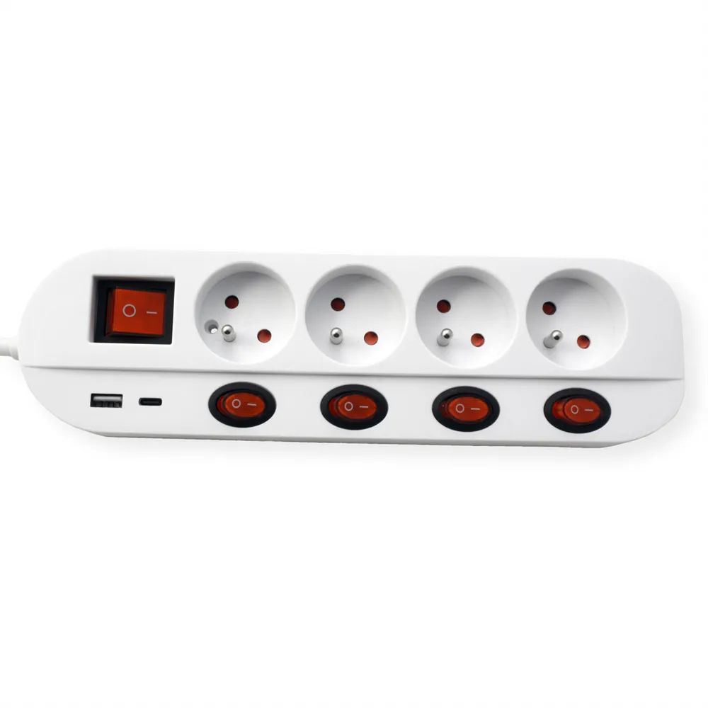 ROLINE 4-fach Steckdosenleiste mit Schalter, UTE Version, USB-Charger A+C, 1,5 m