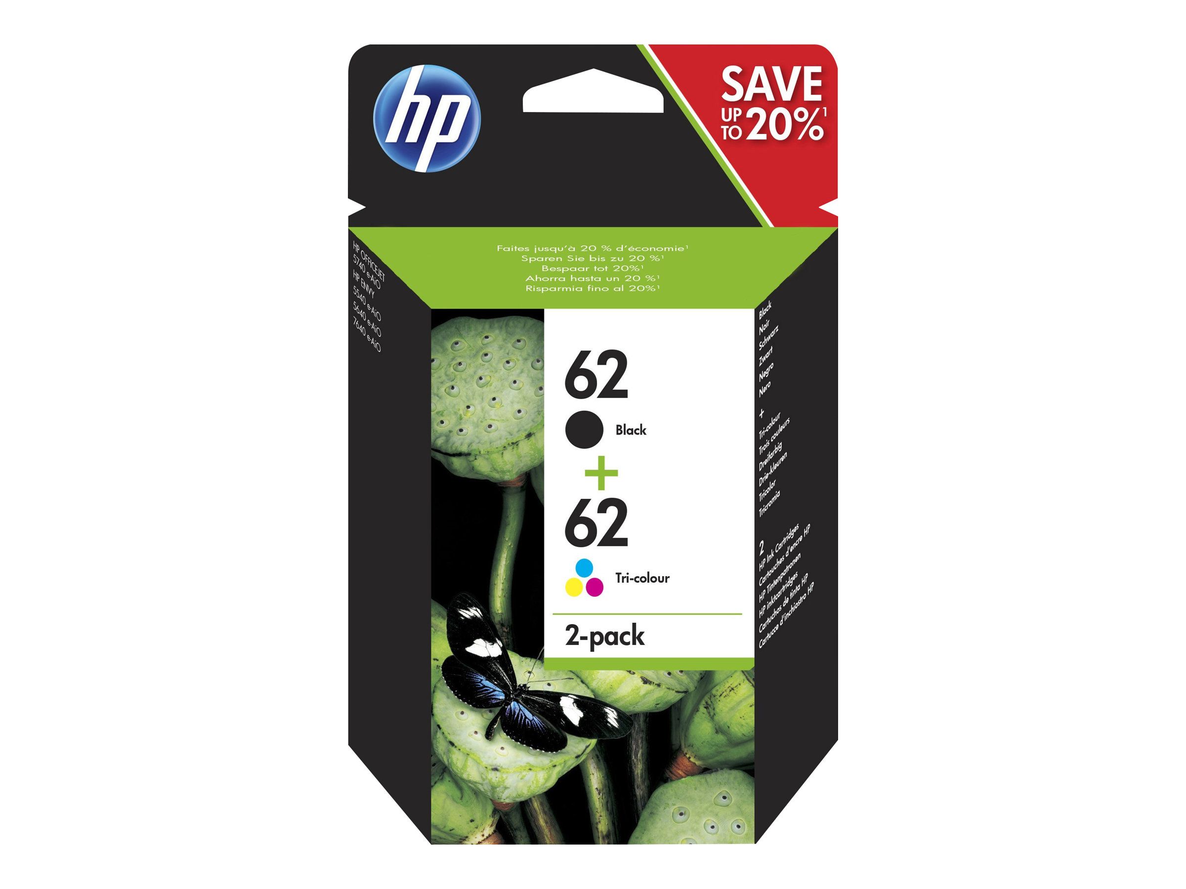 HP 62 - 2er-Pack - pigmentiertes Schwarz, Farbe (Cyan, Magenta, Gelb)