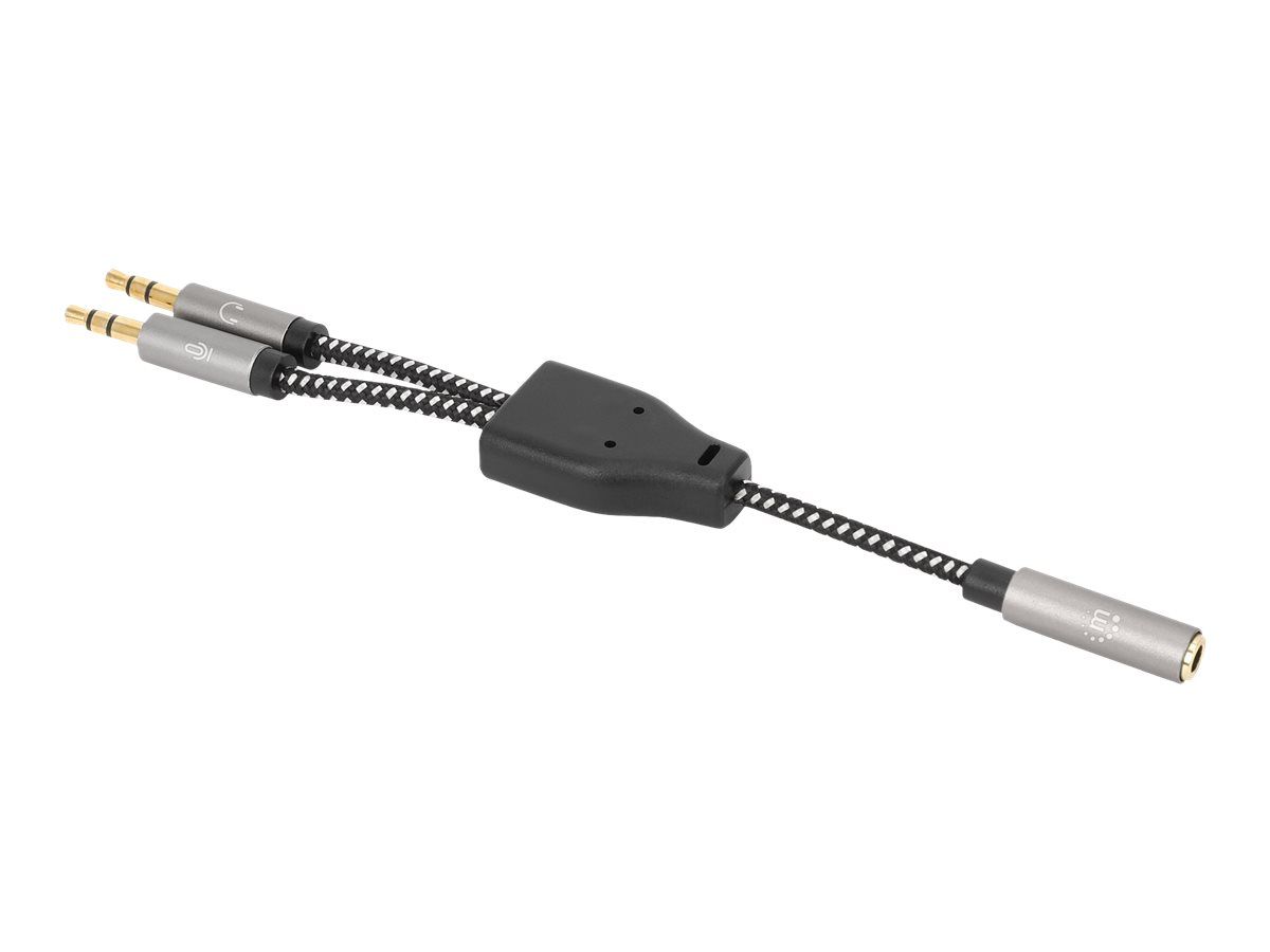 Manhattan Headset Adapter Cable with Stereo Audio Y-Splitter, 3.5mm, Aux, 15cm, Female/2x Male, Splits Single Headset Plug into Microphone and Audio Plugs, Slim Design, Black/Silver, Gold plated contacts and pure oxygen-free copper wire, Lifetime War