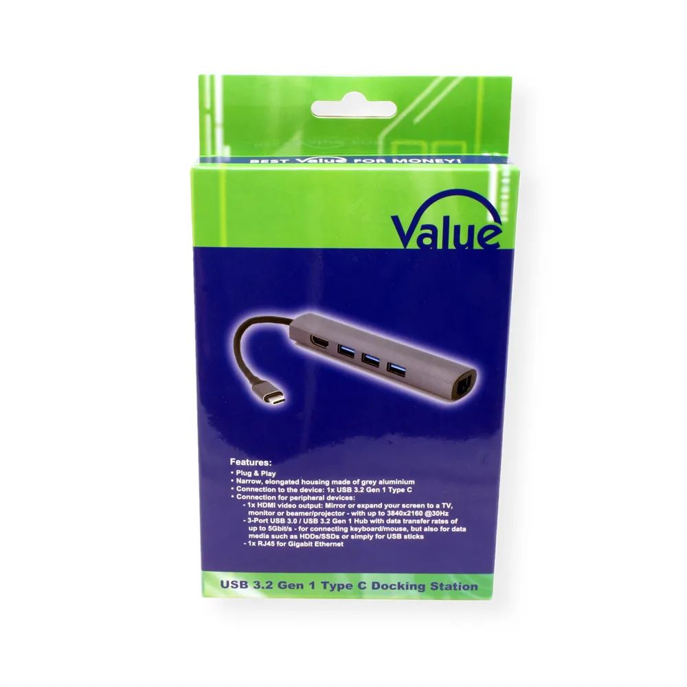 VALUE USB Typ C Dockingstation, HDMI 4K, 3x USB Typ A, Gigabit Ethernet, grau