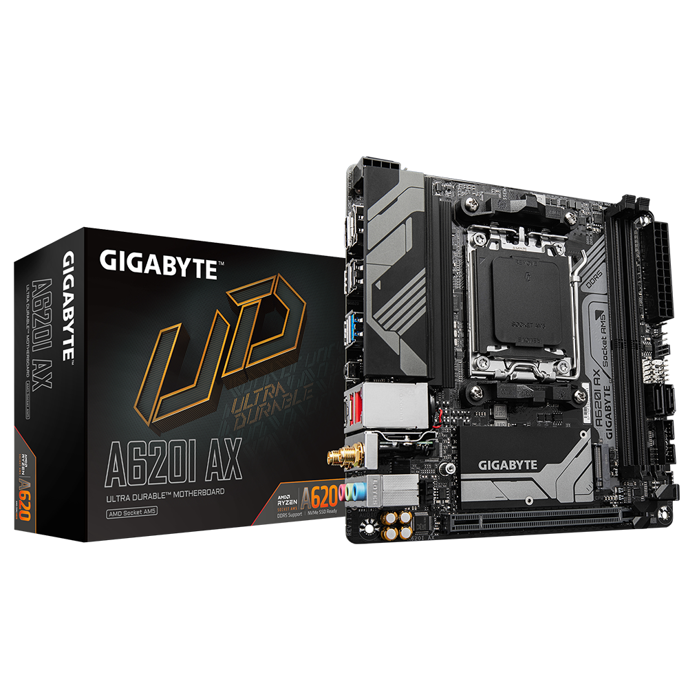Gigabyte A620I AX - 1.0 - Motherboard - Mini-ITX - Socket AM5 - AMD A620 Chipsatz - USB 3.2 Gen 1, USB-C 3.2 Gen 1, USB 3.2 Gen 2 - 2.5 Gigabit LAN, Wi-Fi 6E, Bluetooth - Onboard-Grafik (CPU erforderlich)