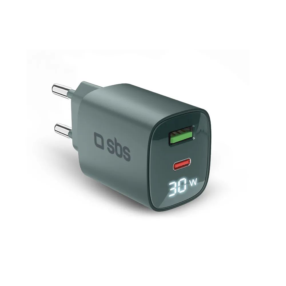 SBS GaN Netzlader, 1x USB-C PD & 1x USB-A, 30W, mit LCD Anzeige