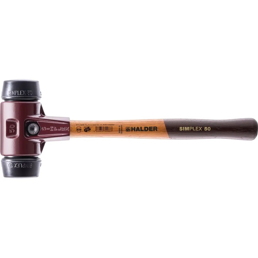 HALDER Schonhammer Temperguss Kopf ø 50 mm Gummi schwarz Hickory Stiel