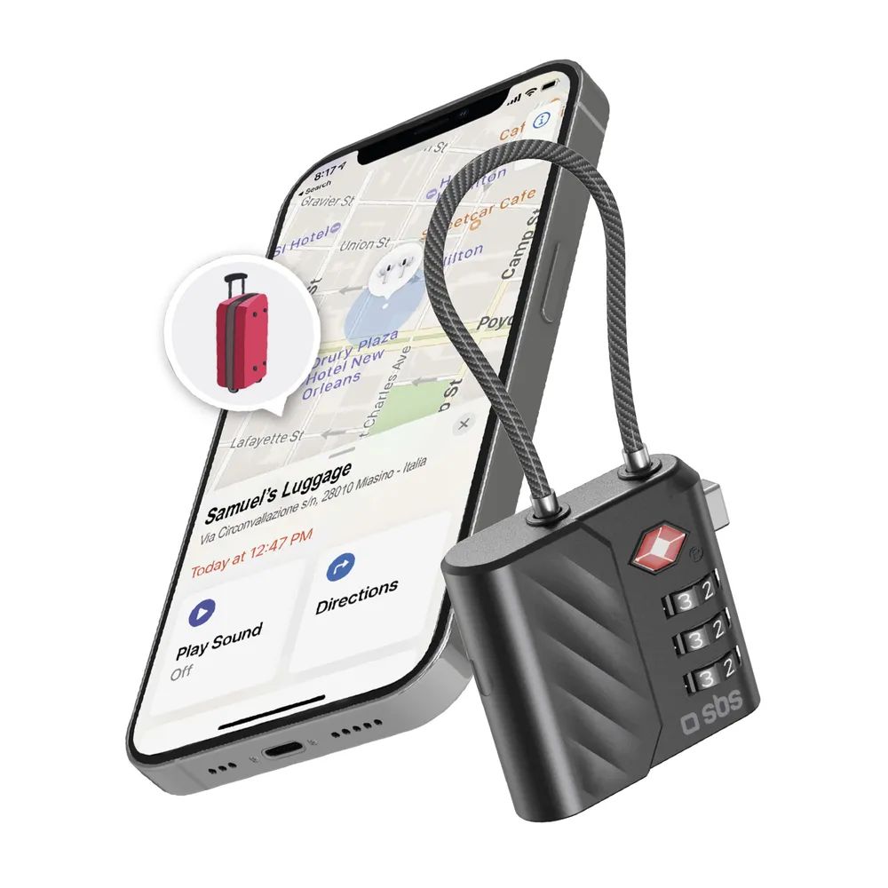 SBS TRACK LOCK Tracker, kompatibel mit Apple "Wo ist?" und Android "Find Hub", TSA Schloss, schwarz 