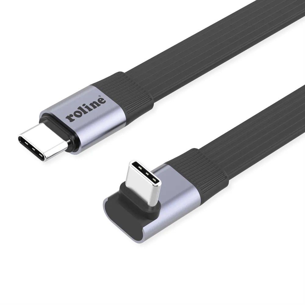 ROLINE USB4 2.0 Flachkabel, C–C, ST/ST einseitig 270°-gewinkelt, 8K UHD-2, 80Gbit/s, 240W, schwarz, 0,8 m