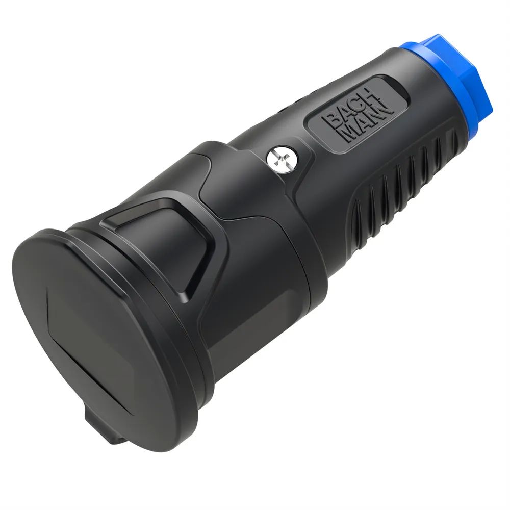 BACHMANN Schutzkontaktkupplung Vollgummi CEE7/3, Deckelband, IP54, schwarz / blau