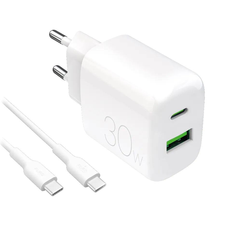 PURO Netzlader, 1x USB-A + 1x USB-C 30W PD, inkl. 1,2m USB-C Kabel