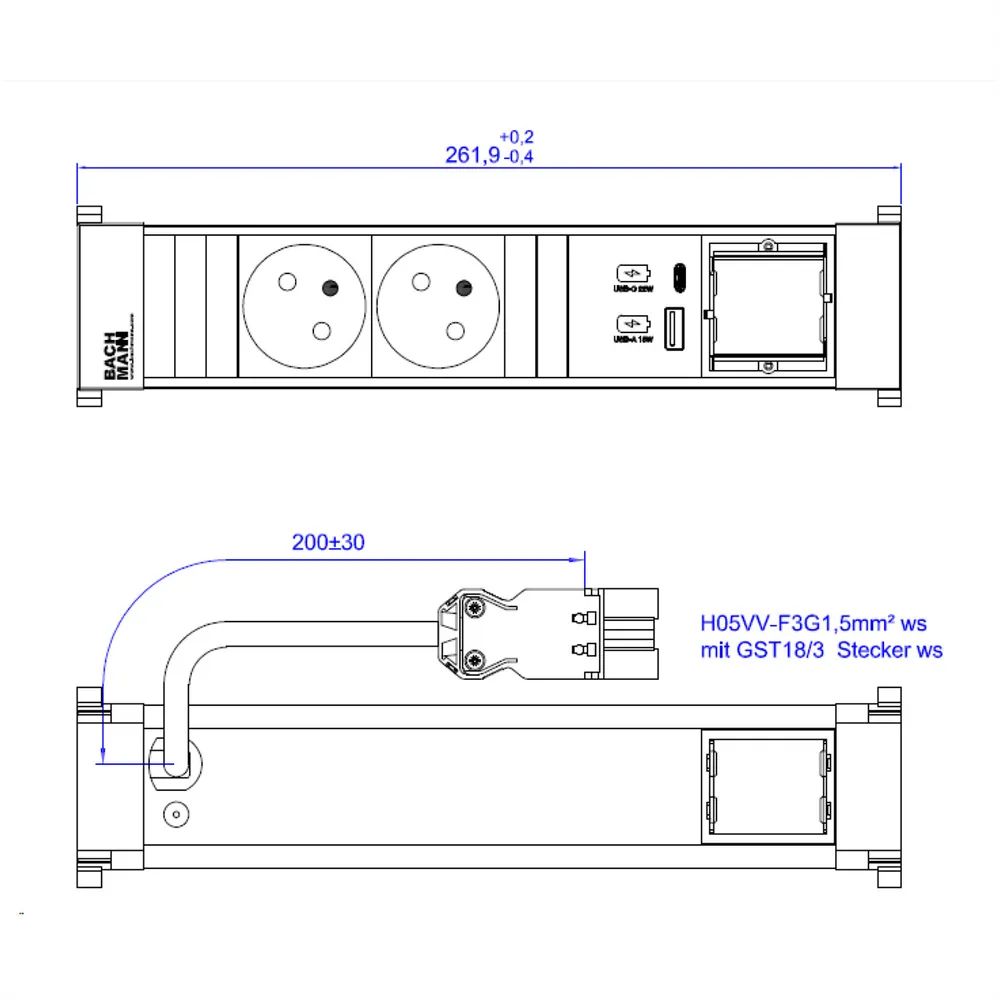 BACHMANN POWER FRAME 2xUTE 1xCM 1xUSB A/C 22W 0,2m GST18