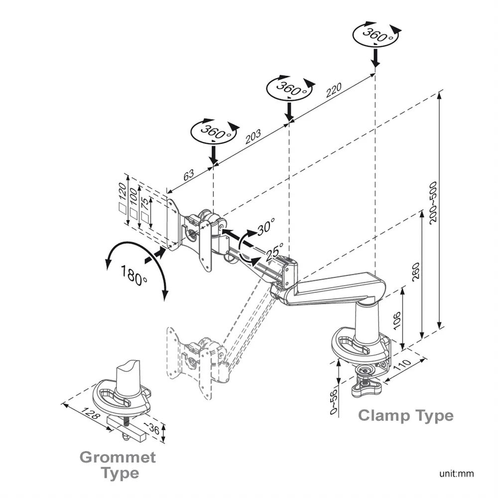 ROLINE LCD-Arm, Tischmontage, Gasfeder, 5 Gelenke, bis 8 kg