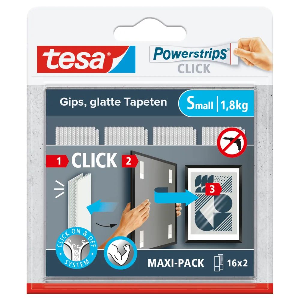 tesa® Powerstrips CLICK Klett-Klebepads, Small 1,8 kg (16 x 2 Stück)