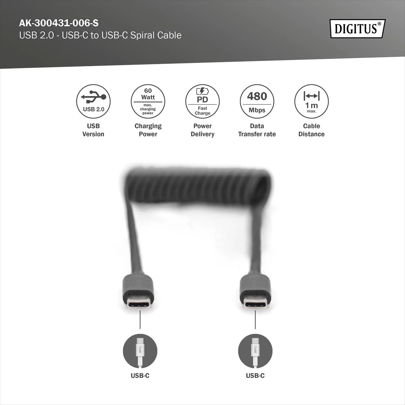 DIGITUS USB 2.0 - USB - C auf USB - C Spiralkabel