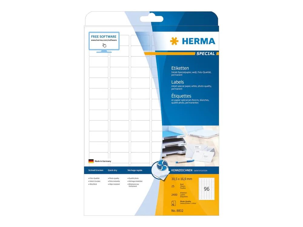 HERMA Special - Papier - matt - permanent selbstklebend - beschichtet - weiß - 30.5 x 16.9 mm - 90 g/m² - 2400 Etikett(en) (25 Bogen x 96)