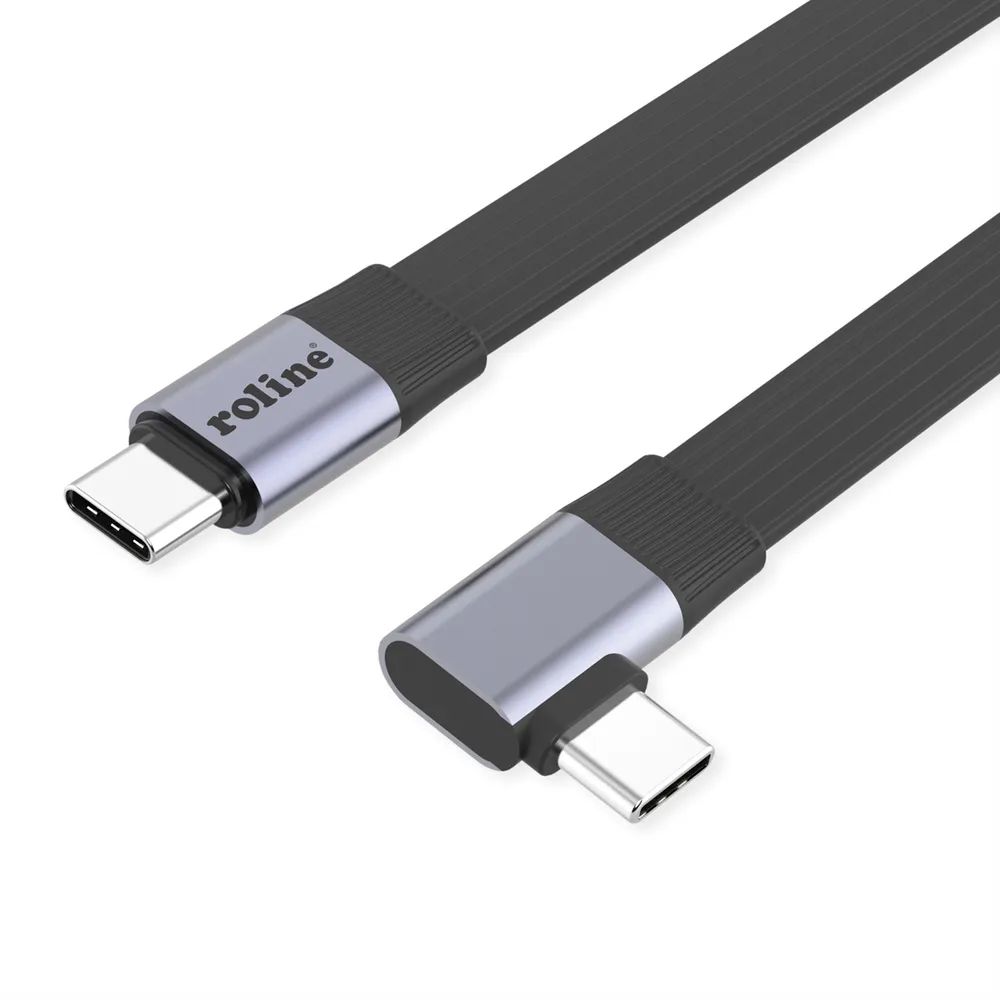 ROLINE USB4 2.0 Flachkabel, C–C, ST/ST einseitig 90°-gewinkelt, 8K UHD-2, 80Gbit/s, 240W, schwarz, 0,13 m