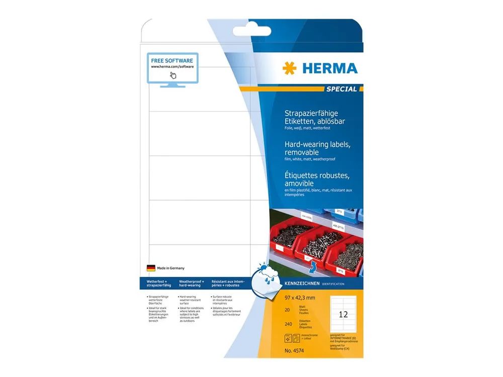 HERMA Special - Matt - selbstklebend, entfernbarer Klebstoff - weiß - 97 x 42.3 mm 240 Etikett(en) (20 Bogen x 12)