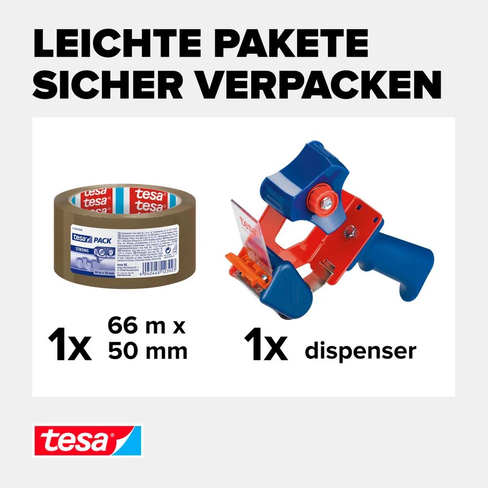 tesa® Tesapack Strong + Handabroller – Set mit 1 Rolle Paketband – Braun – 66 m x 50 mm – Vorteilspa