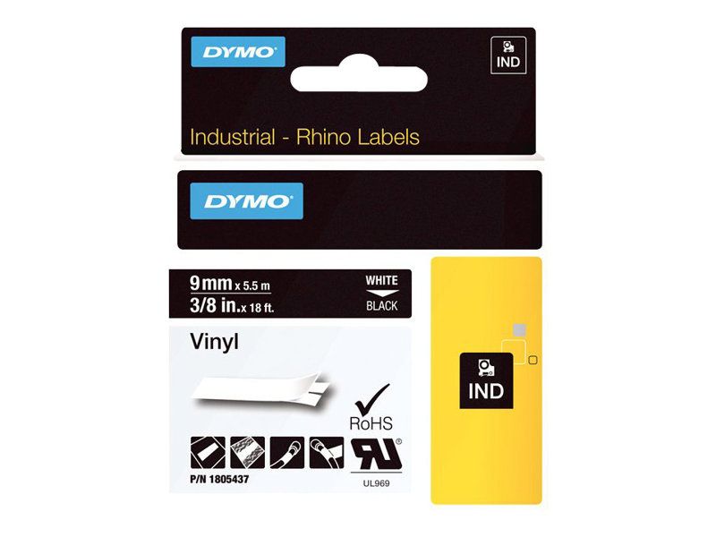 Dymo Rhino Coloured Vinyl - Vinyl - permanenter Klebstoff - Weiß auf Schwarz - Rolle (1 cm x 5,5 m)