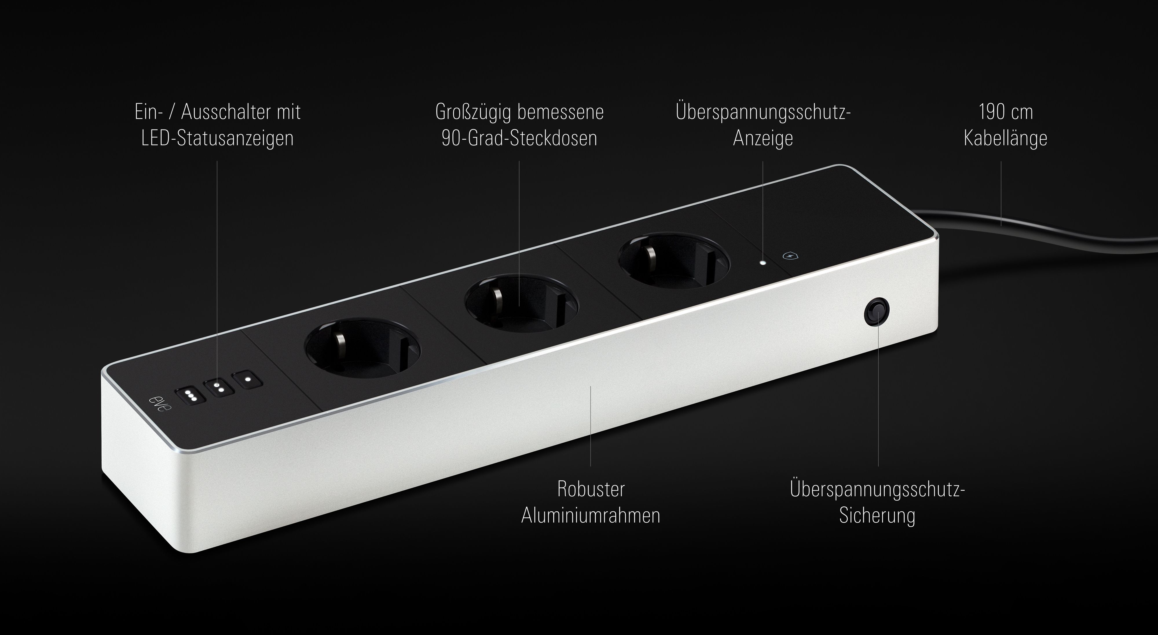 Elgato EVE Energy Strip - Steckdosenleiste - Wechselstrom 230 V - 3680 Watt - Wi-Fi - Eingabe, Eingang Typ F - Ausgangsanschlüsse: 3 (3 x Strom Typ F)