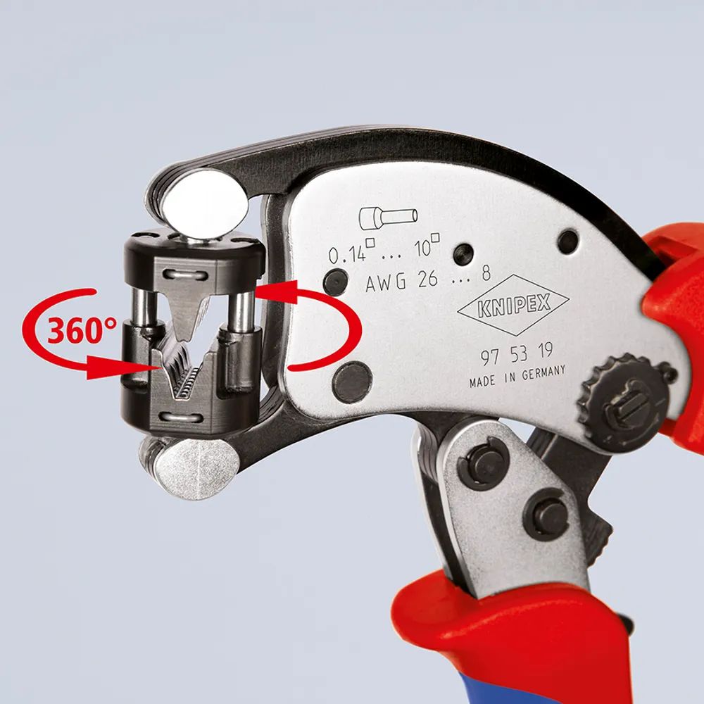 KNIPEX Twistor® T Selbsteinstellende Crimpzange für Aderendhülsen mit drehbarem Crimpkopf mit Mehrkomponenten-Hüllen verchromt 196 mm