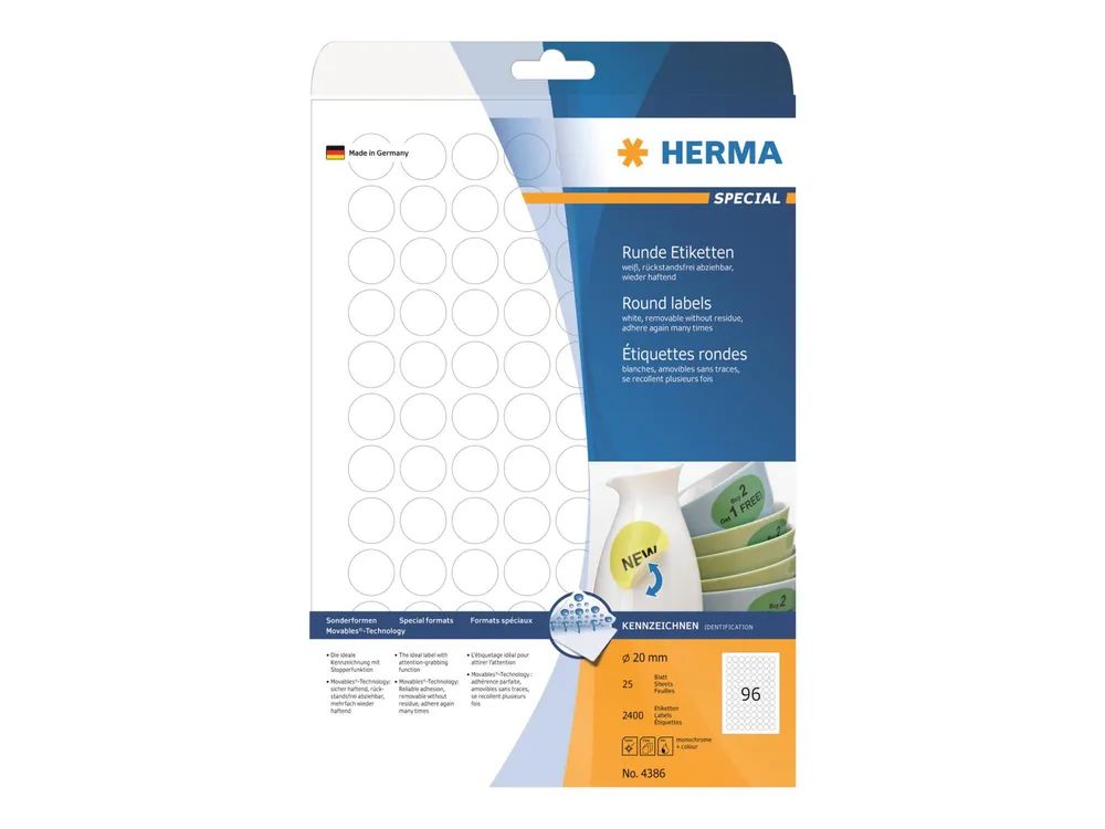 HERMA Special - Papier - matt - selbstklebend, entfernbarer Klebstoff - weiß - 20 mm rund 2400 Etikett(en) (25 Bogen x 96)