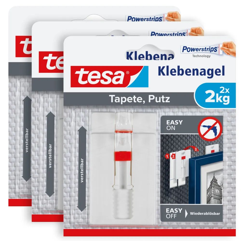 tesa® Klebenagel Tapeten & Putz 2kg, 3er-Pack, für strukturierte Wände, verstellbar