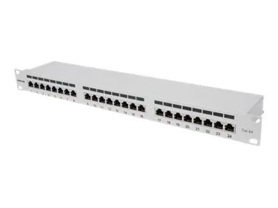 Intellinet 24-Port Cat6a Patchpanel, geschirmt, 24 Ports, FTP, 1 HE, Klemmleisten mit 90 Grad abgewinkelten Kabeleinführungen, grau - Patch Panel - CAT 6a - FTP - RJ-45 X 24 - Grau - 1U - 48.3 cm (19")