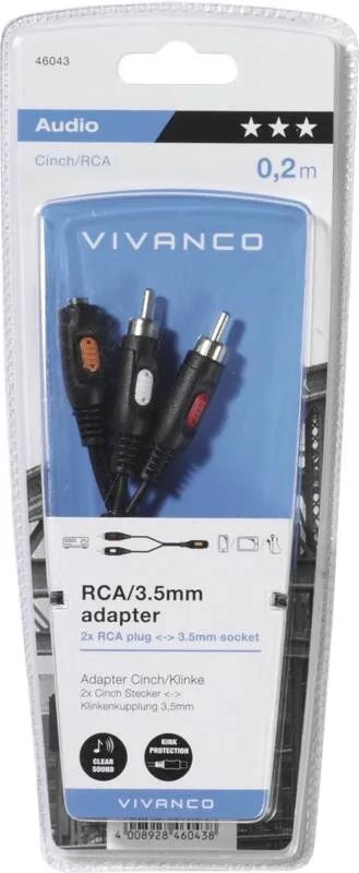 Vivanco Audioadapter, 2x Cinchstecker - 1x 3,5mm Klinkenbuchse 0,2m