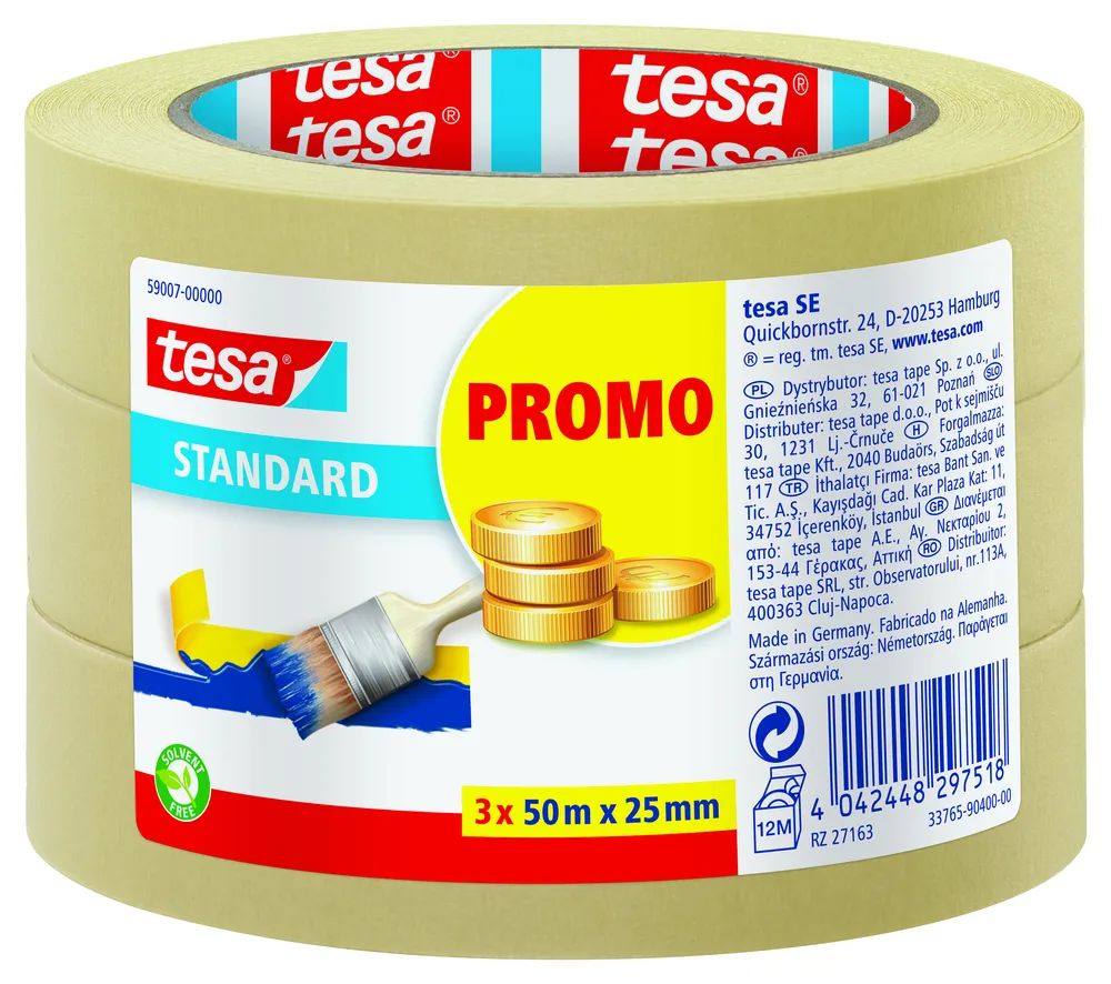 tesa® Malerband-Set – 3 Rollen à 25 mm x 50m, beige, für Maler-& Abdeckarbeiten