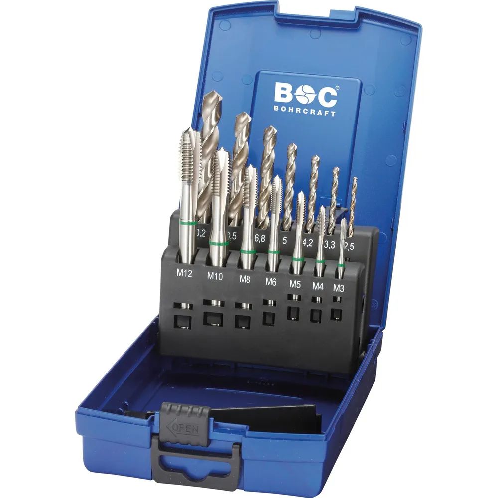 BOHRCRAFT Maschinengewindebohrer-Satz M3-M12 HSS-E Grünring Form B 14-teilig