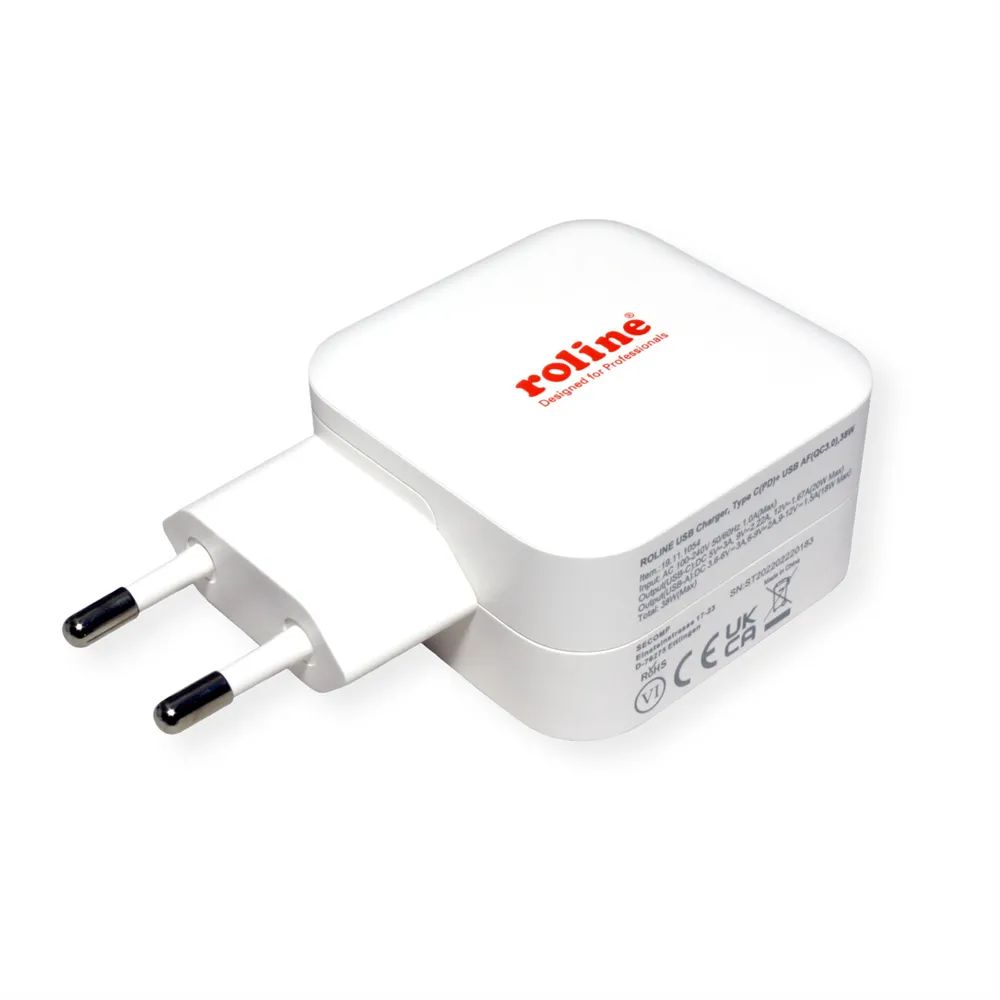 ROLINE USB Charger mit Euro-Stecker, 2 Port (Typ-A QC3.0, Typ-C PD), 38W