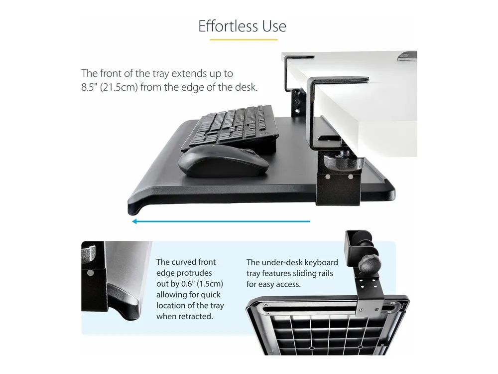 StarTech.com Under-Desk Keyboard Tray, Clamp-on Keyboard Holder, Supports up to 12kg (26.5lb)
