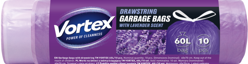 VORTEX Müllbeutel mit Zugband HDPE violett mit Lavenderduft 60l/10Stk