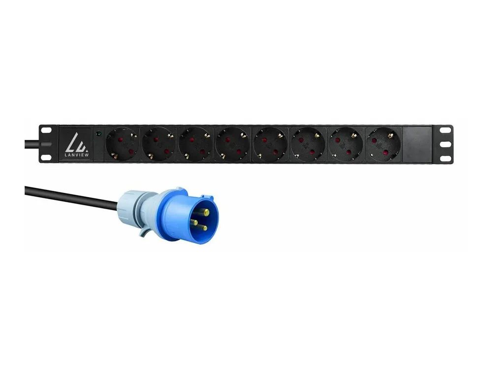 Lanview Steckdosenleiste (Rack - einbaufähig) - 16A - 4000 Watt - Eingabe, Eingang IEC 60309 2P+E - Ausgangsanschlüsse: 8 (Typ F)