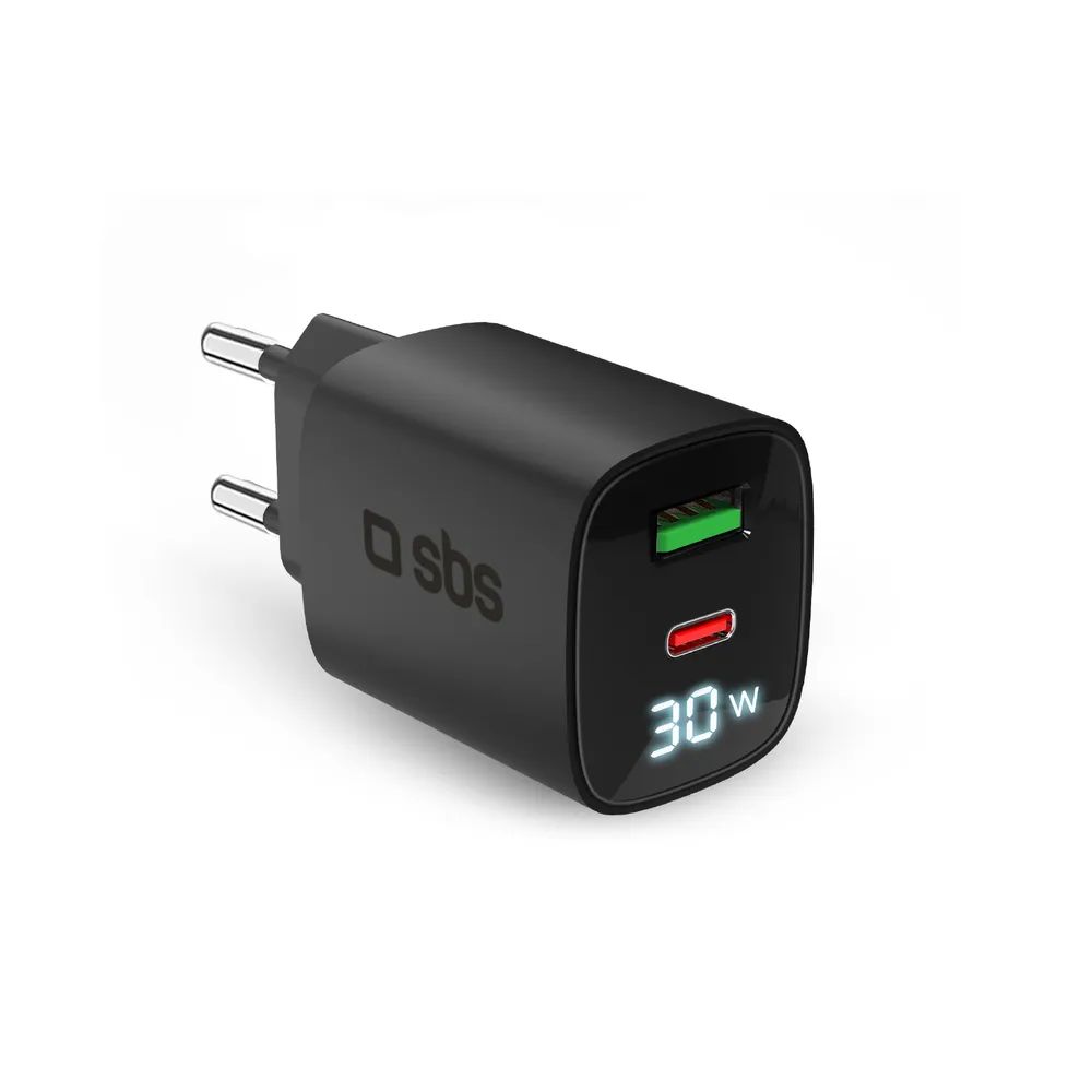 SBS GaN Netzlader, 1x USB-C PD & 1x USB-A, 30W, mit LCD Anzeige