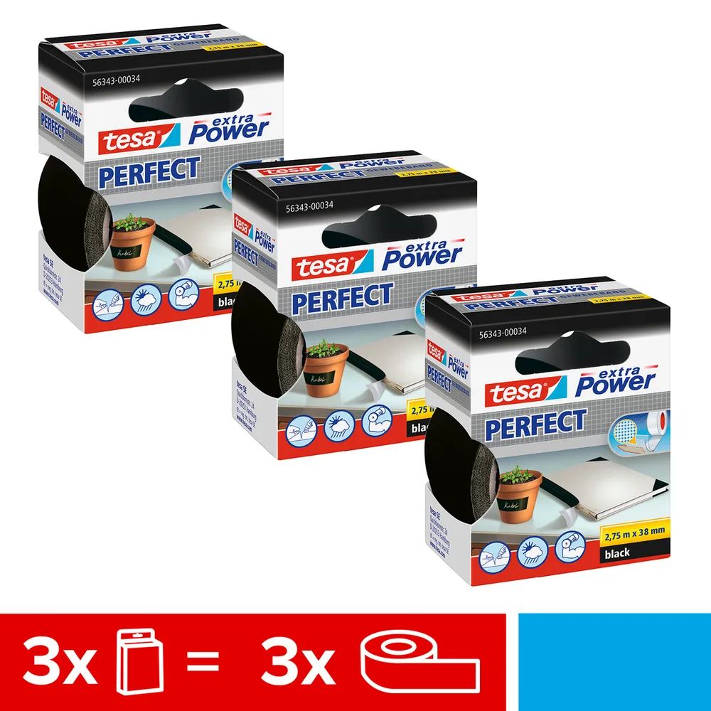 tesa® EXTRA POWER PERFECT Gewebeband schwarz, Dreierpack, Ductape