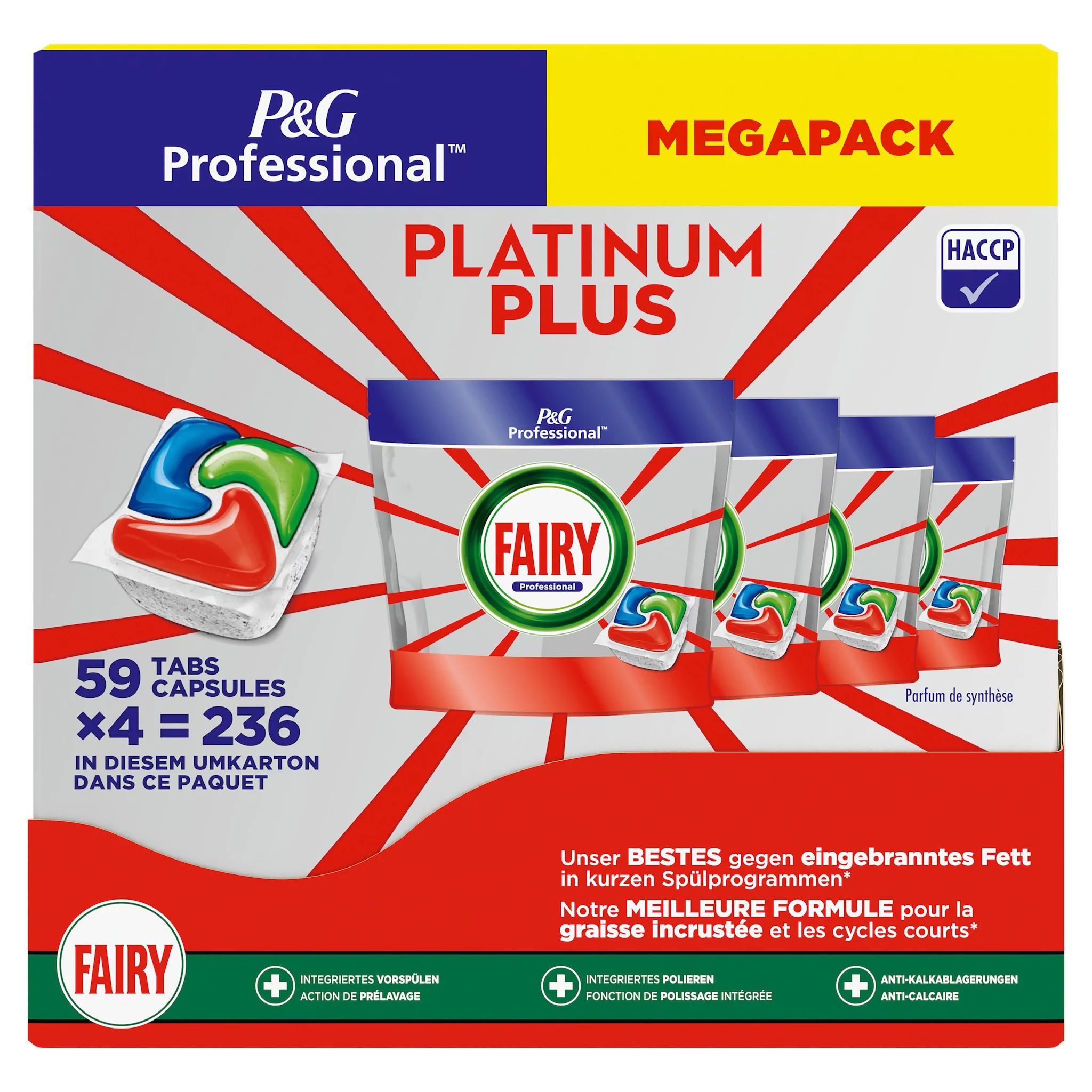 Fairy Professional Platinum Plus Geschirrspülmaschinen-Tabs, 59 Spülgänge, Hervorragend gegen eingeb