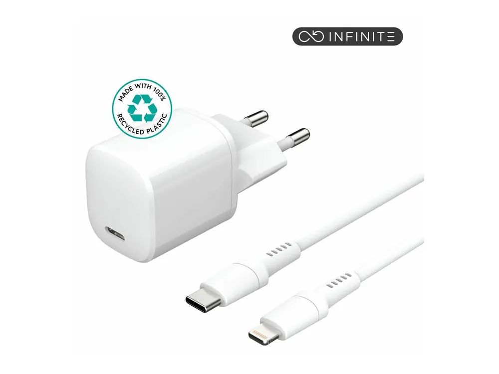 eSTUFF INFINITE - Netzteil - EU-Stecker, Kabel USB-C auf Ligtning, 1,5 m - 20 Watt - 3 A - PD, Apple Fast Charge, QC 3.0 (24 pin USB-C)
