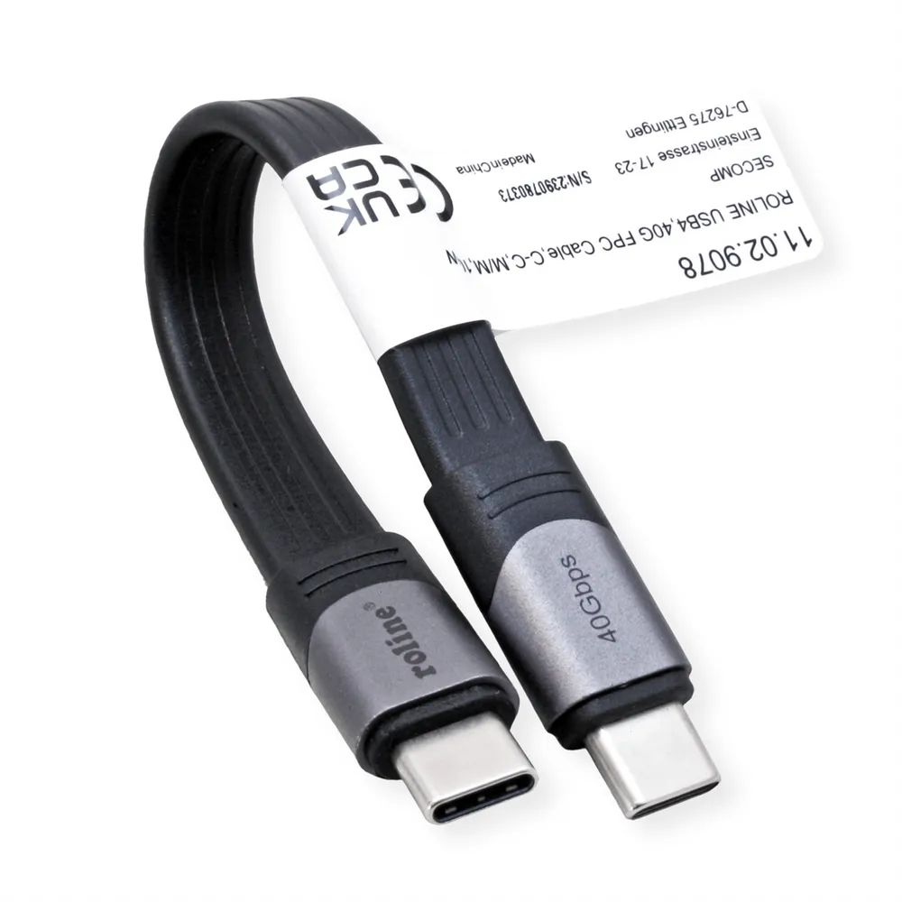 ROLINE USB4 Gen3x2 Kabel, C-C, ST/ST, 8K UHD-2, 40Gbit/s, 100W, extra-flach, schwarz, 15 cm