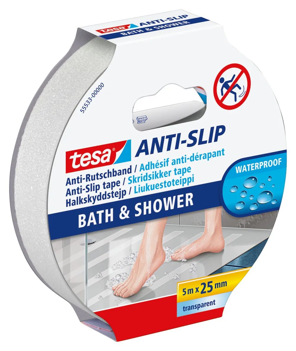 tesa® Anti-Rutschband für Bad und Dusche – 5 m x 25 mm – transparent – Sicherheit auf nassen Flächen
