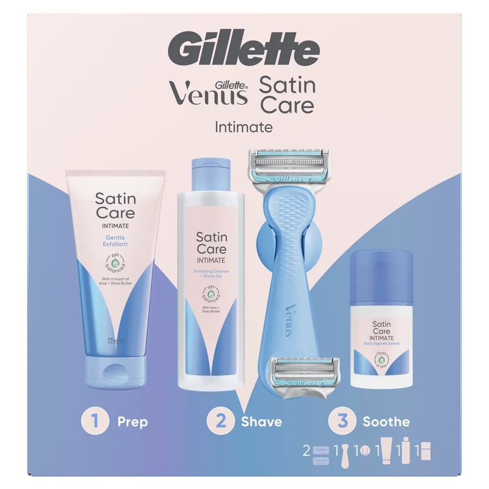 Gillette Venus für den Intimbereich Rasierapparat mit 2 Klingen + Satin Care Intimpflege Produkte + 