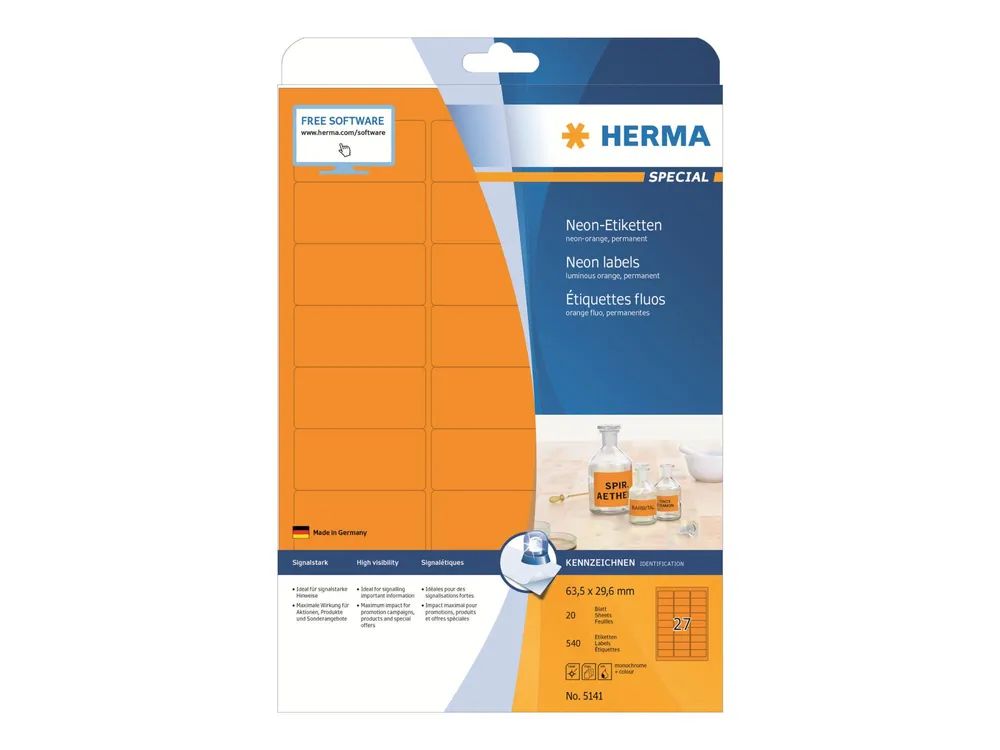 HERMA Special - Papier - matt - permanent selbstklebend - Luminous Orange - 63.5 x 29.6 mm 540 Etikett(en) (20 Bogen x 27)