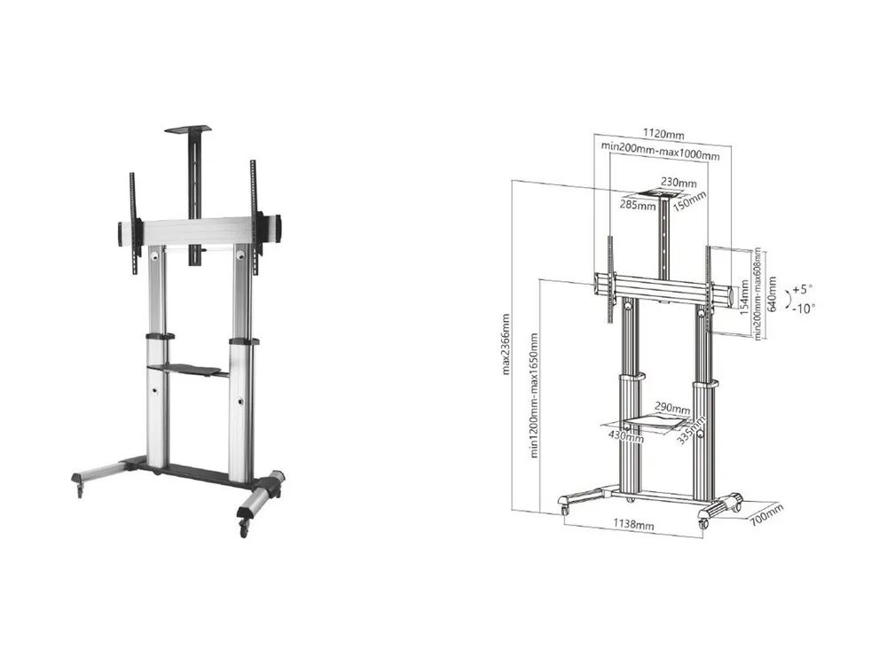 Equip Pro - Wagen - für LCD TV - Kunststoff, Aluminium, Stahl - Schwarz, Silber - Bildschirmgröße: 152.4-254 cm (60"-100")